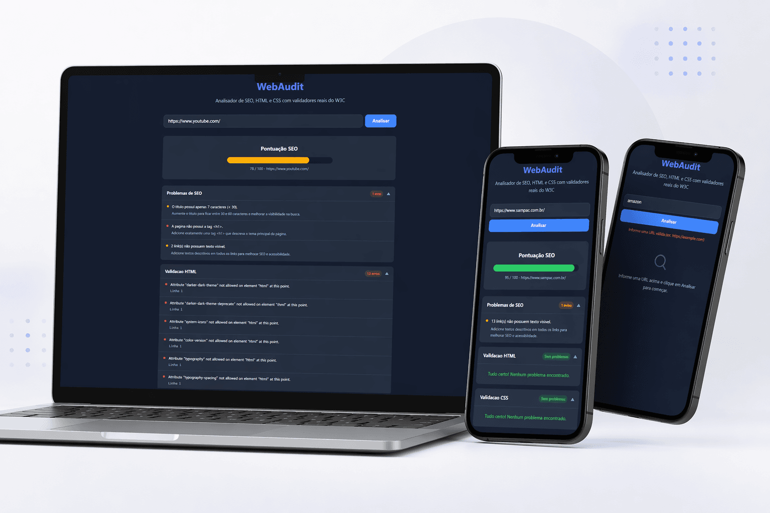 Telas do WebAudit em notebook e celulares